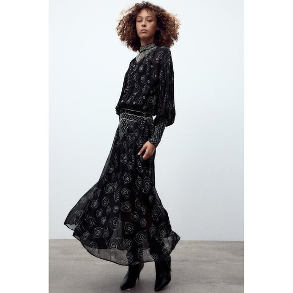 NWT Zara black & white embroidered beaded printed midi dress, M - Picture 1 of 16